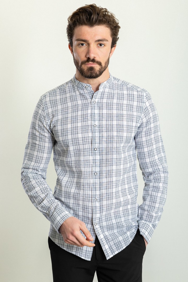 White And Black Color Check Patterned Design Casual Linen Shirt