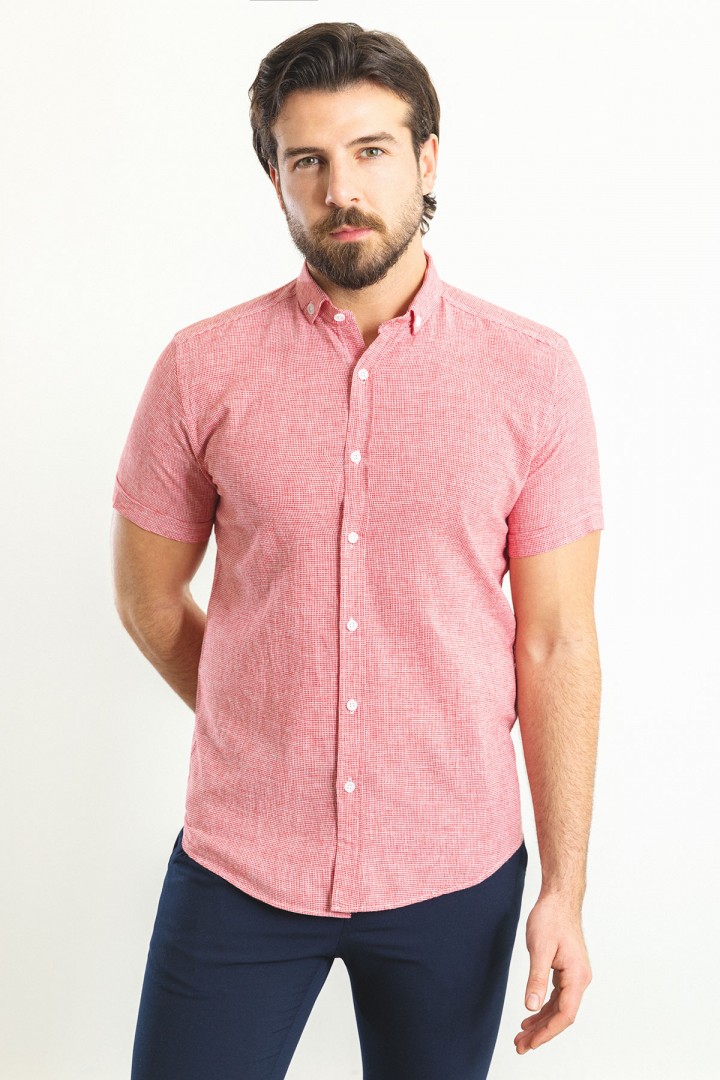 Claret Red Color Casual Short Sleeved Linen Shirt