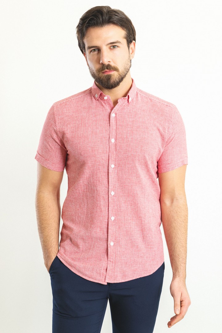Claret Red Color Casual Short Sleeved Linen Shirt