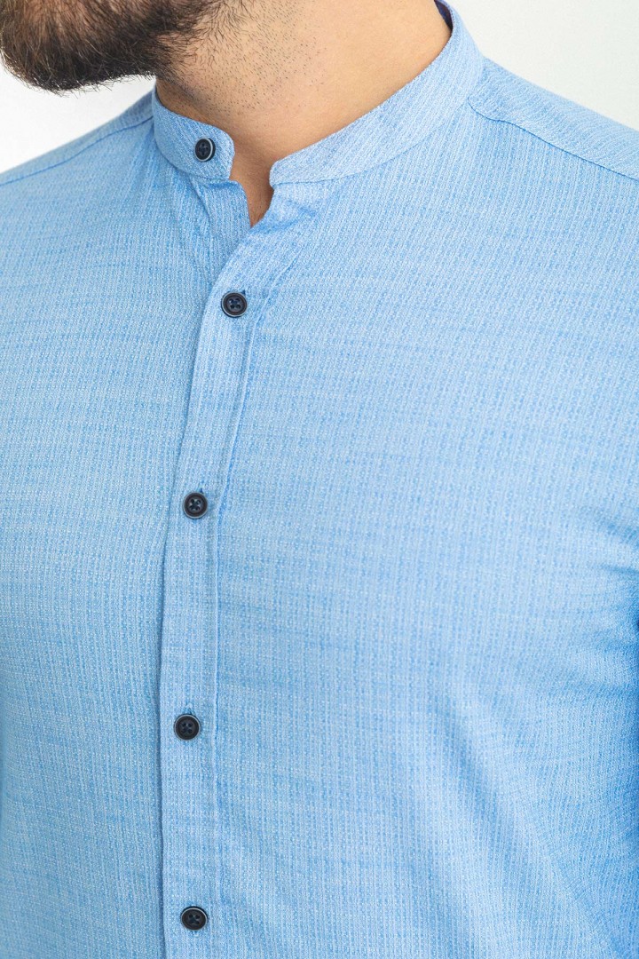 Blue Mandarin Collar Dobby Design Casual Cotton Men's Shirt