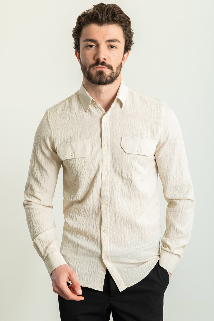 Stone Color Flap Pocket Design Casual Cotton Men's Shirt