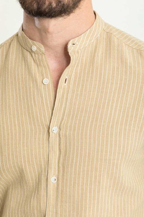 Beige Striped Design Casual Men's Cotton Shirt