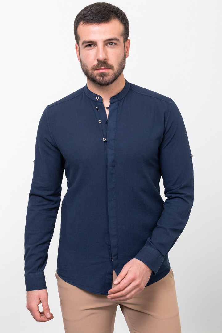 Dark Blue Color Mandarin Collar Design Casual Men's Linen Shirt