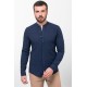 Dark Blue Color Mandarin Collar Design Casual Men's Linen Shirt