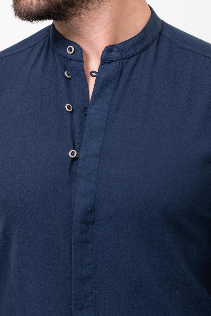 Dark Blue Color Mandarin Collar Design Casual Men's Linen Shirt