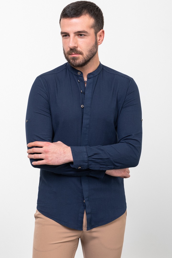Dark Blue Color Mandarin Collar Design Casual Men's Linen Shirt