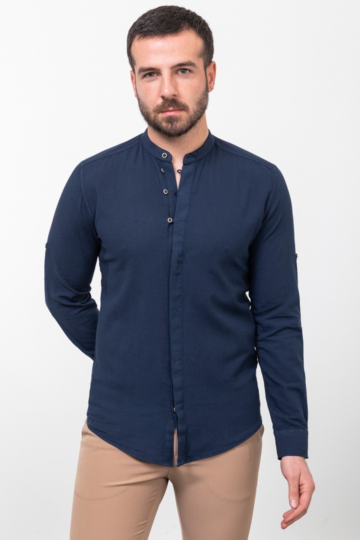 Dark Blue Color Mandarin Collar Design Casual Men's Linen Shirt