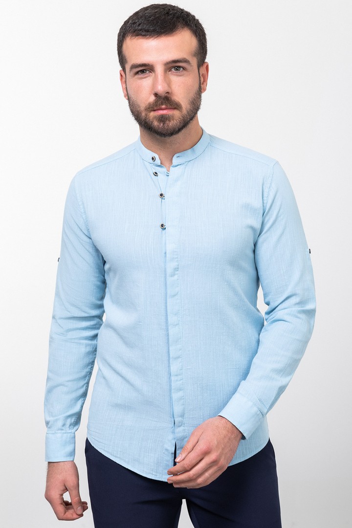 Blue Color Mandarin Collar Design Casual Men's Linen Shirt