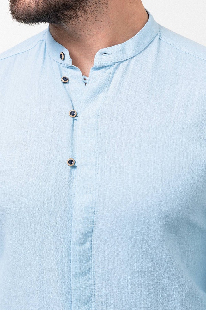 Blue Color Mandarin Collar Design Casual Men's Linen Shirt