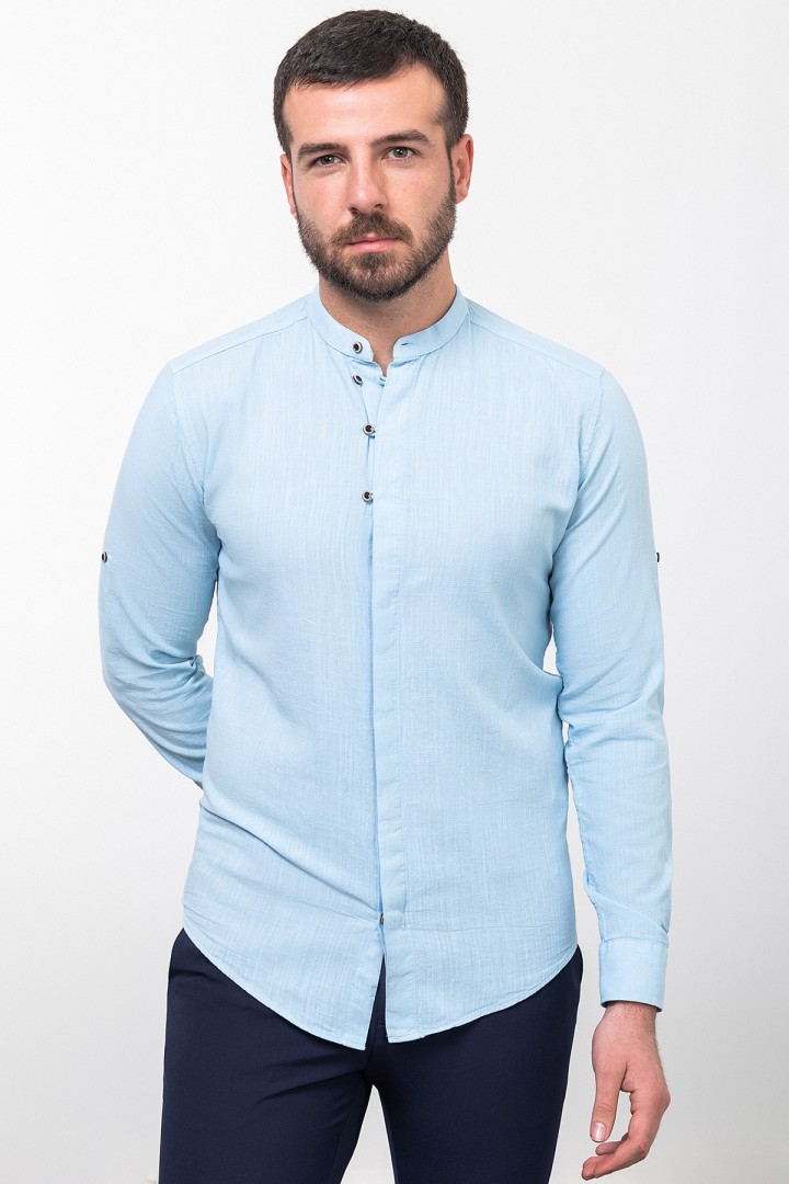 Blue Color Mandarin Collar Design Casual Men's Linen Shirt