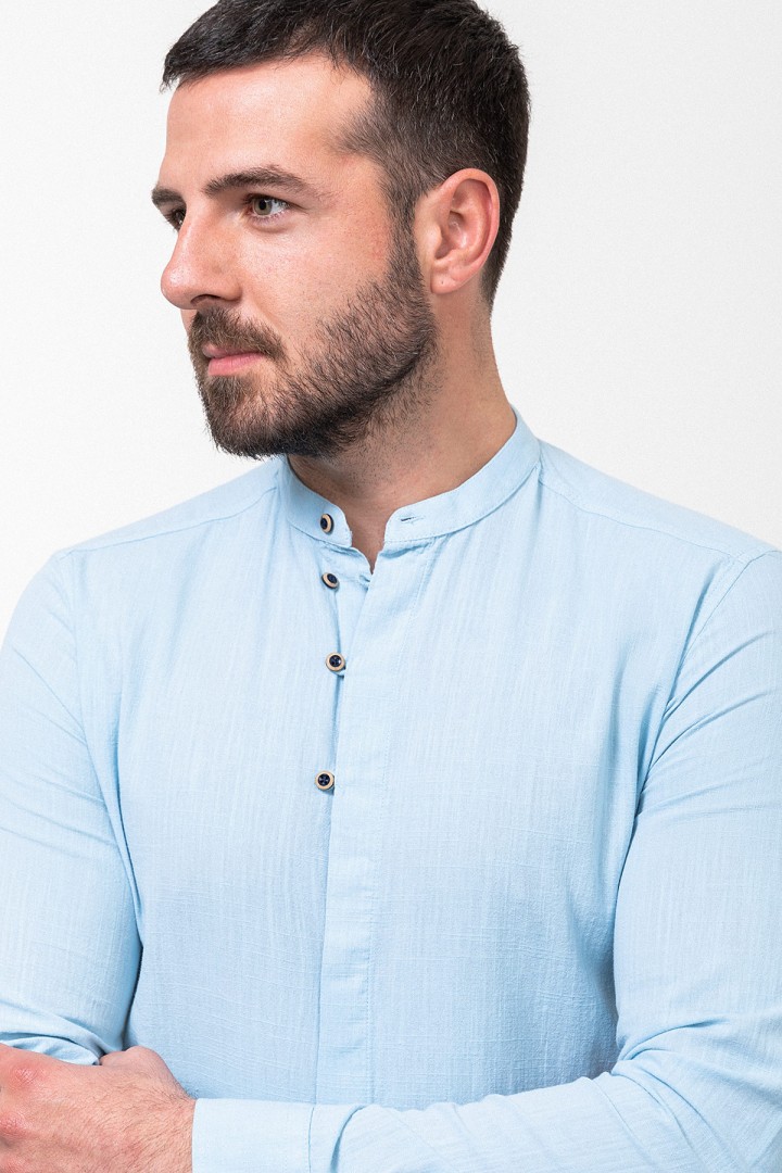Blue Color Mandarin Collar Design Casual Men's Linen Shirt