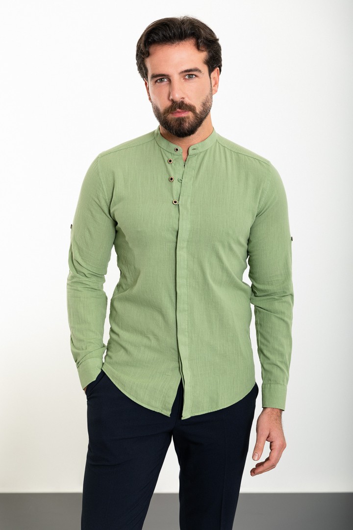 Unripe Almond Color Mandarin Collar Design Casual Men's Linen Shirt
