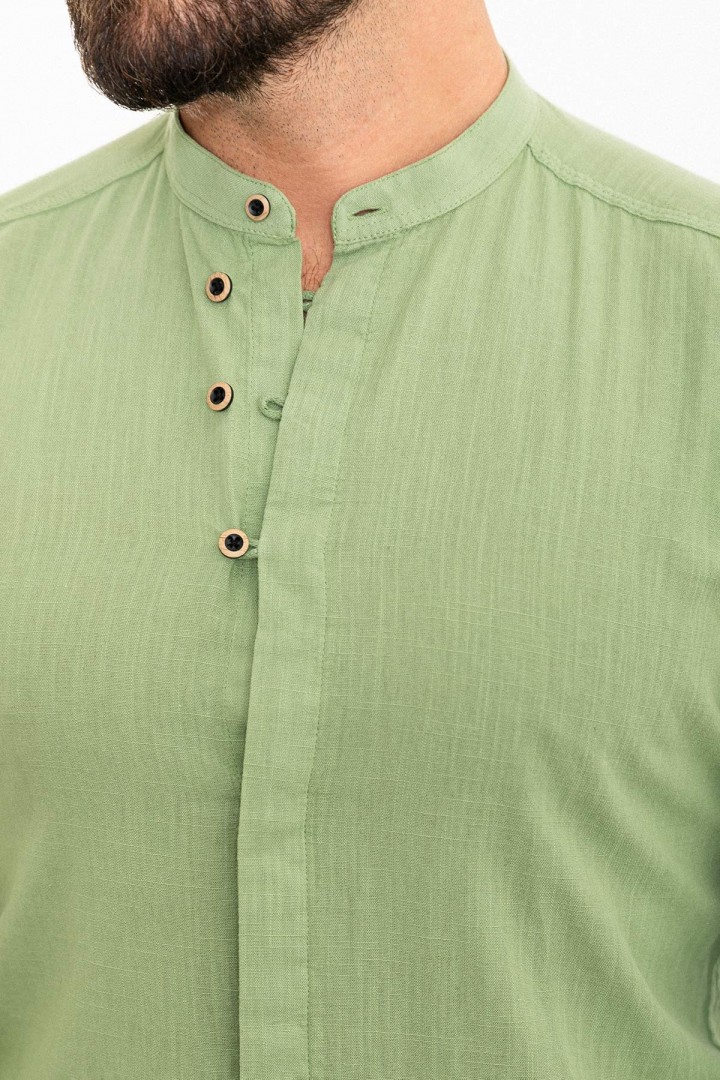 Unripe Almond Color Mandarin Collar Design Casual Men's Linen Shirt