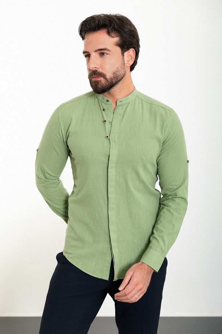 Unripe Almond Color Mandarin Collar Design Casual Men's Linen Shirt