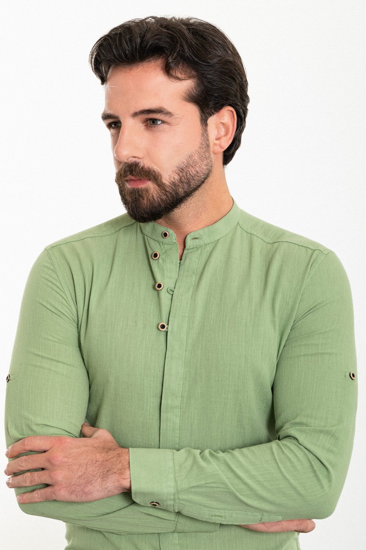 Unripe Almond Color Mandarin Collar Design Casual Men's Linen Shirt