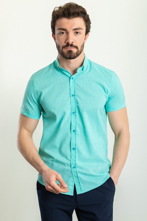 Mint Green Color Linen Fabric Casual Men's Short Sleeved Shirt