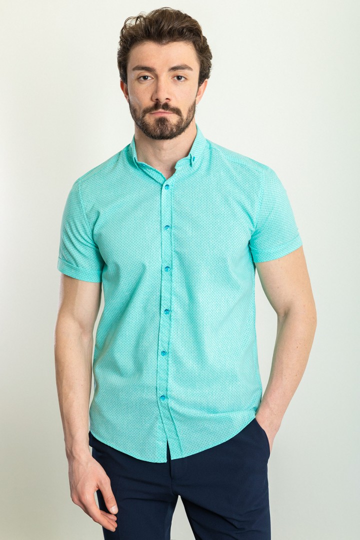 Mint Green Color Linen Fabric Casual Men's Short Sleeved Shirt