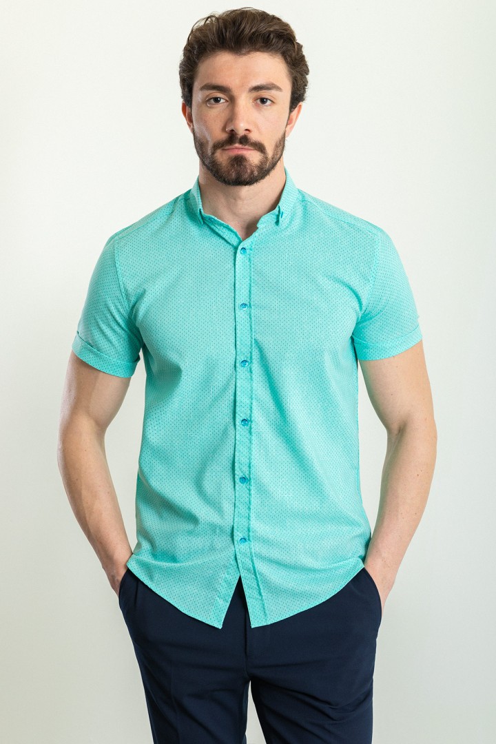 Mint Green Color Linen Fabric Casual Men's Short Sleeved Shirt