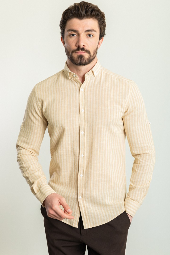 Beige And Ecru Color Striped Design Casual Men's Linen Shirt