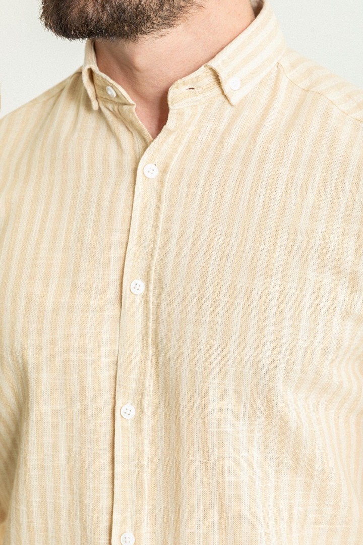 Beige And Ecru Color Striped Design Casual Men's Linen Shirt