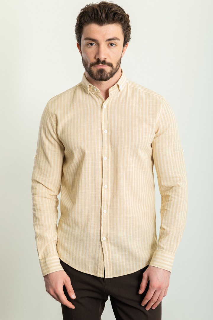 Beige And Ecru Color Striped Design Casual Men's Linen Shirt