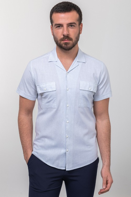 Blue And Ecru Color Casual Cotton Short Sleeved Men's Shirt