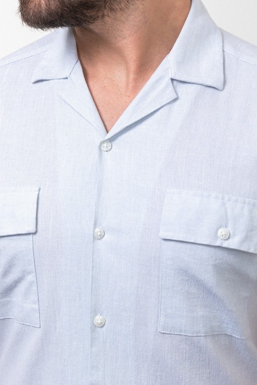 Blue And Ecru Color Casual Cotton Short Sleeved Men's Shirt