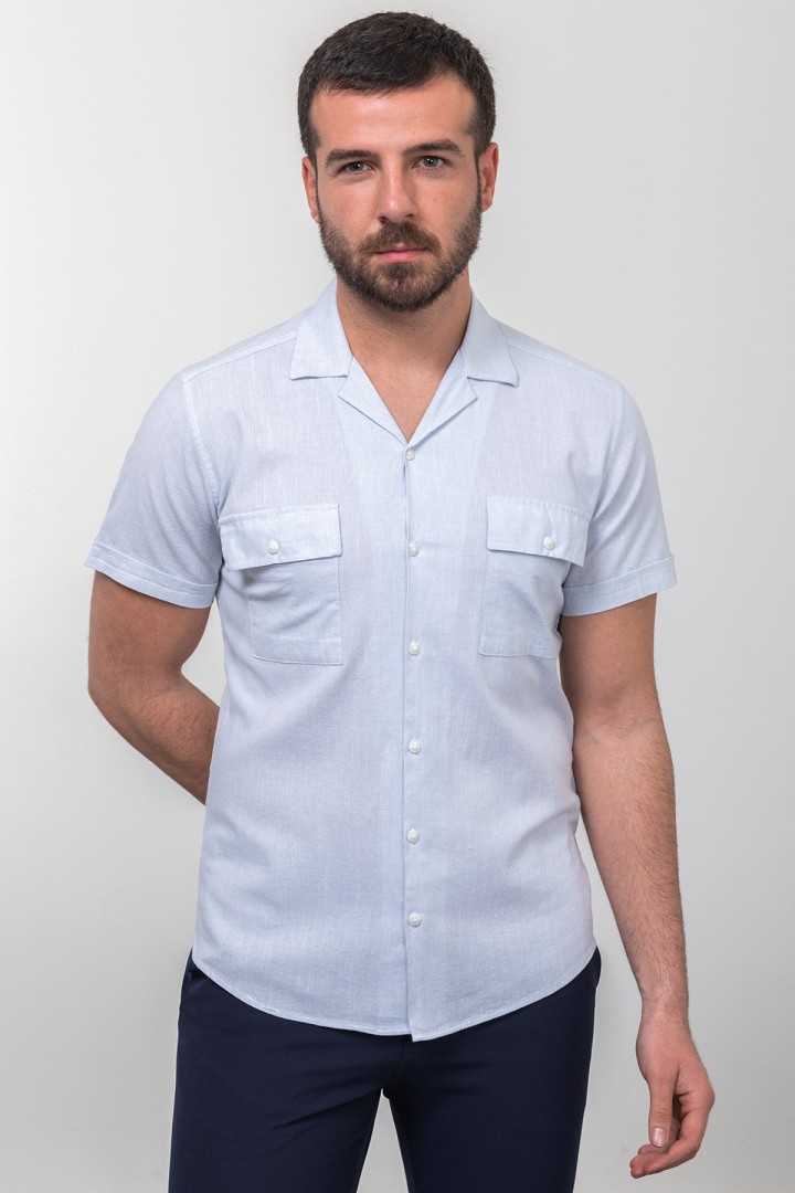 Blue And Ecru Color Casual Cotton Short Sleeved Men's Shirt