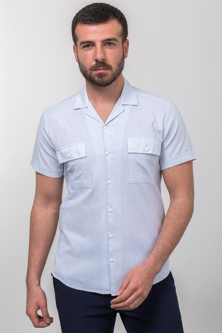 Blue And Ecru Color Casual Cotton Short Sleeved Men's Shirt