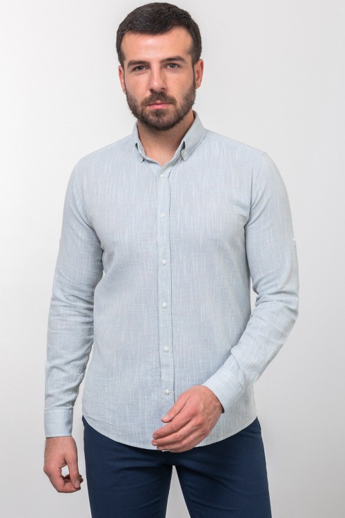Blue And Ecru Color Dobby Design Casual Men's Cotton Shirt