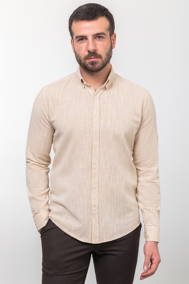 Beige And Ecru Color Dobby Design Casual Men's Cotton Shirt