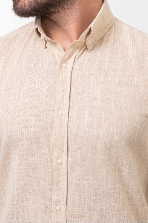 Beige And Ecru Color Dobby Design Casual Men's Cotton Shirt