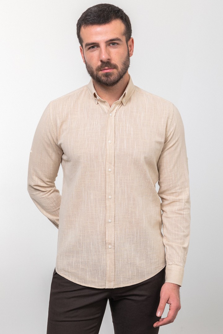 Beige And Ecru Color Dobby Design Casual Men's Cotton Shirt