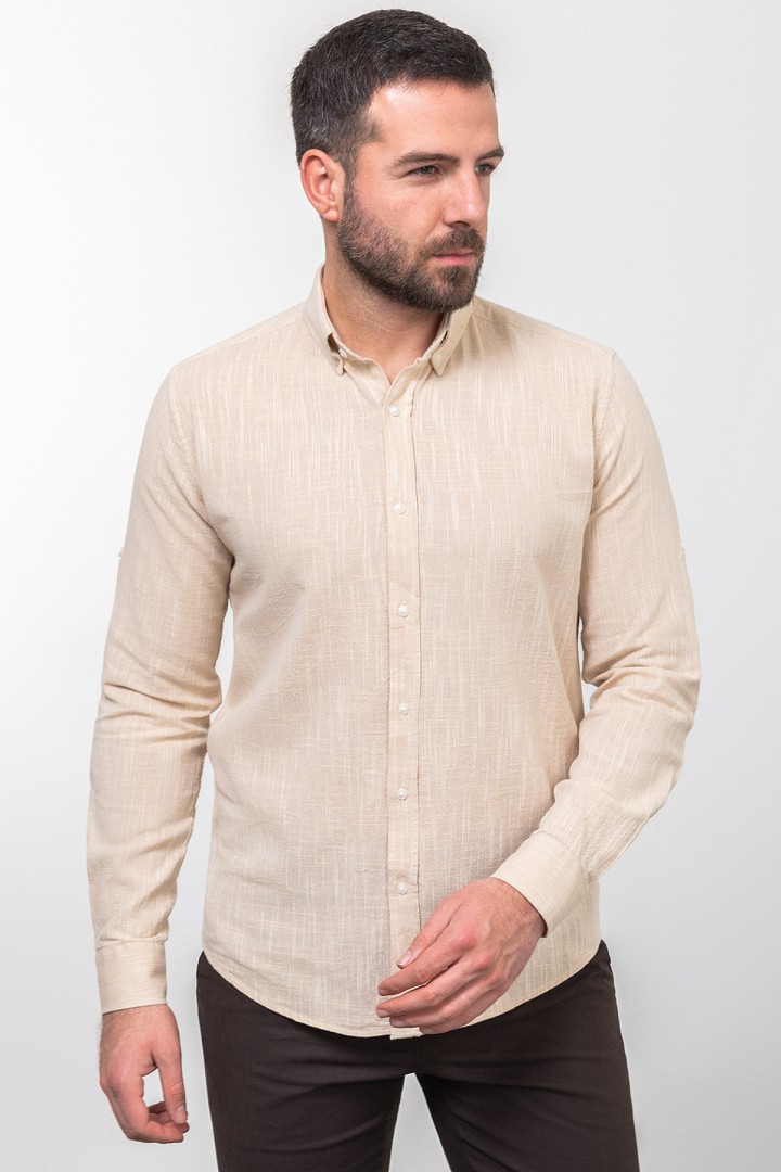 Beige And Ecru Color Dobby Design Casual Men's Cotton Shirt