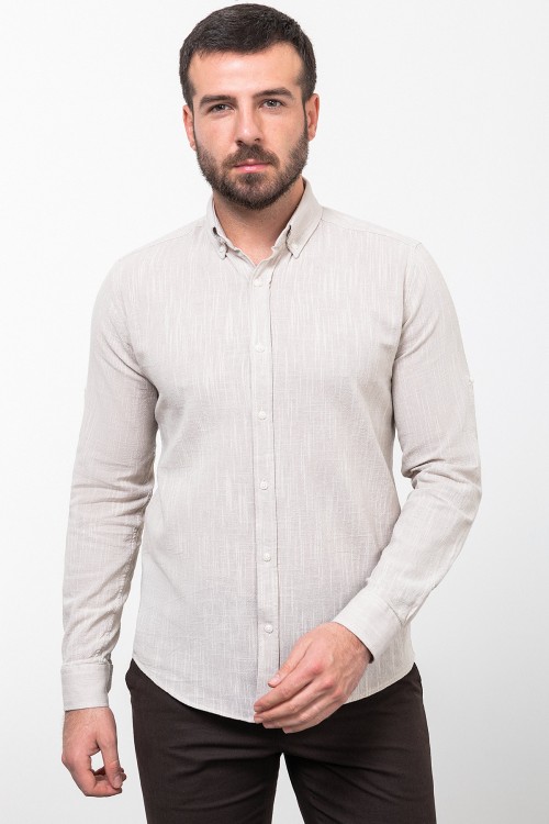 Stone And Ecru Color Dobby Design Casual Men's Cotton Shirt