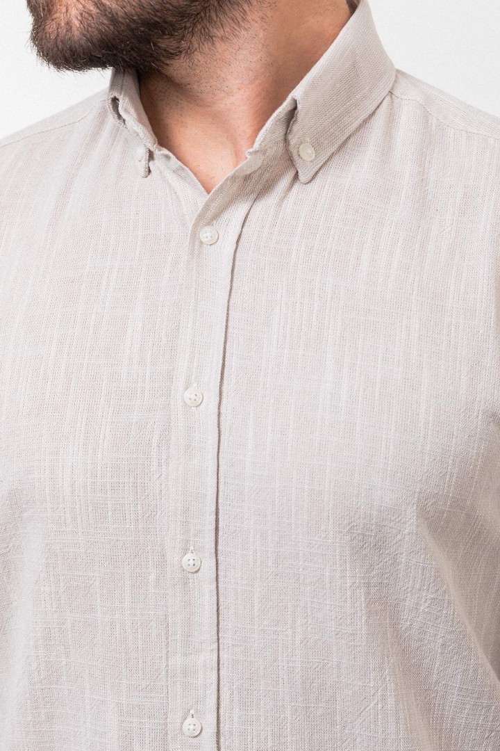 Stone And Ecru Color Dobby Design Casual Men's Cotton Shirt