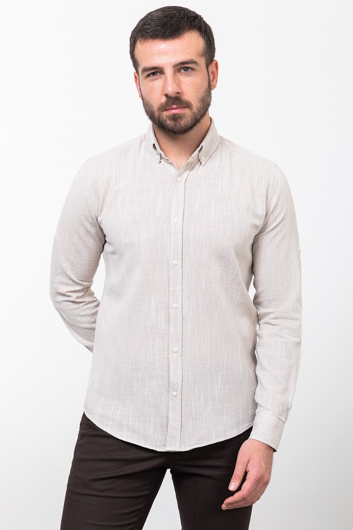 Stone And Ecru Color Dobby Design Casual Men's Cotton Shirt