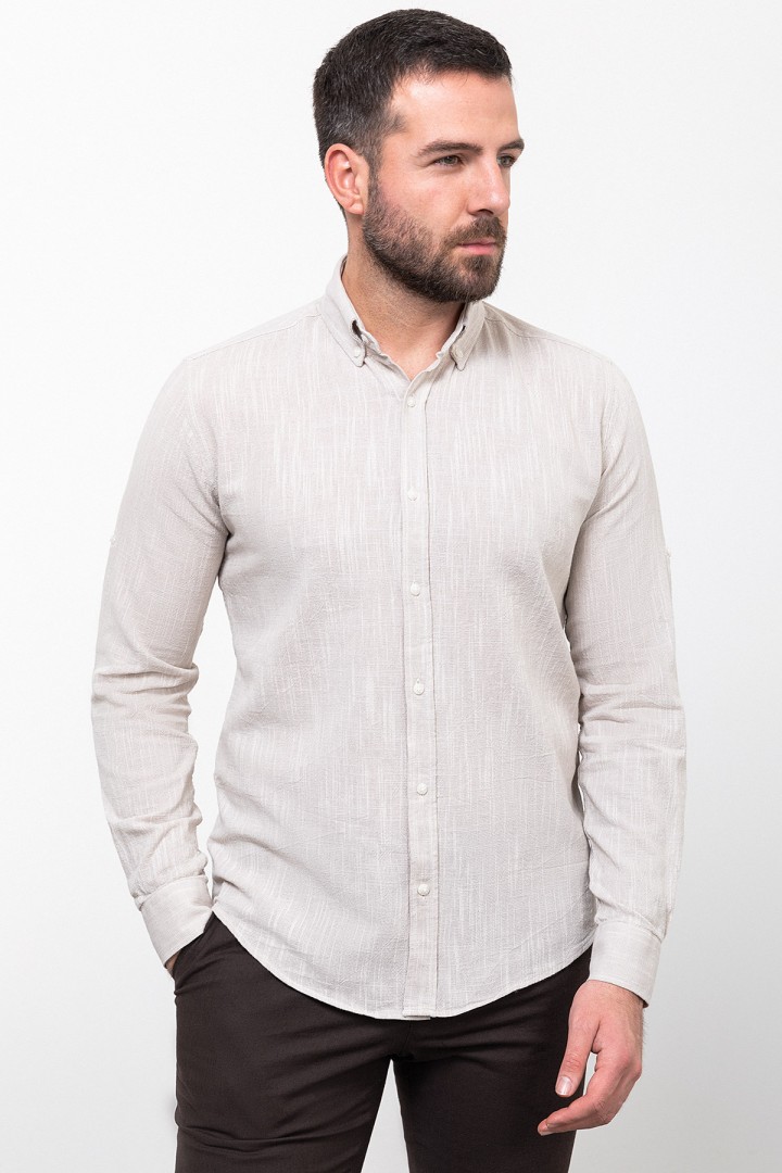 Stone And Ecru Color Dobby Design Casual Men's Cotton Shirt