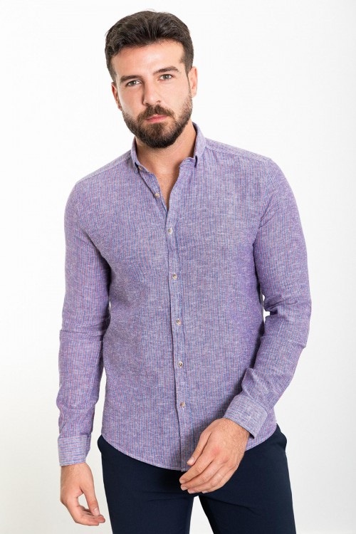 Dark Blue Color Cotton And Linen Fabric Striped Design Casual Men's Shirt