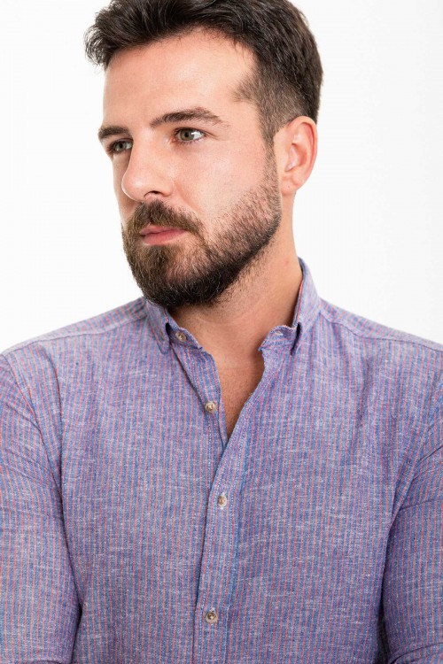 Dark Blue Color Cotton And Linen Fabric Striped Design Casual Men's Shirt