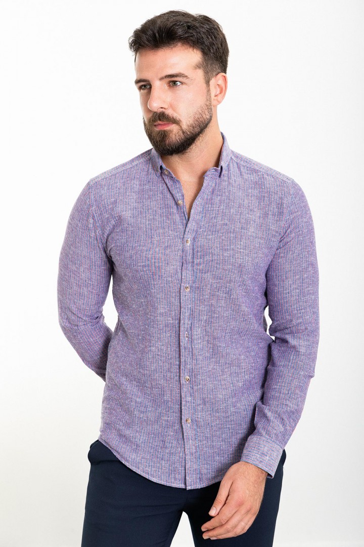 Dark Blue Color Cotton And Linen Fabric Striped Design Casual Men's Shirt