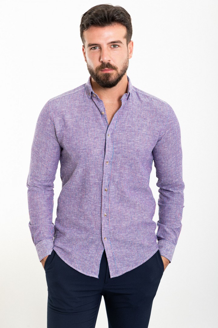 Dark Blue Color Cotton And Linen Fabric Striped Design Casual Men's Shirt