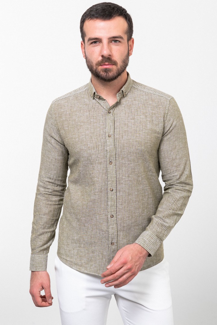 Khaki Color Cotton And Linen Fabric Striped Design Casual Men's Shirt