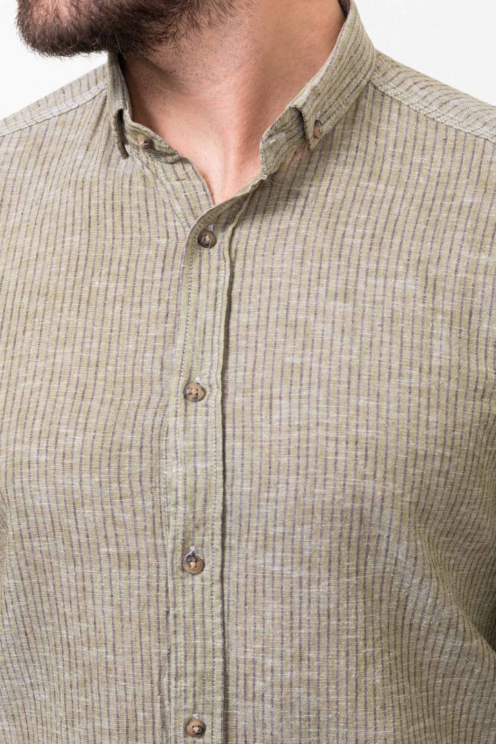 Khaki Color Cotton And Linen Fabric Striped Design Casual Men's Shirt