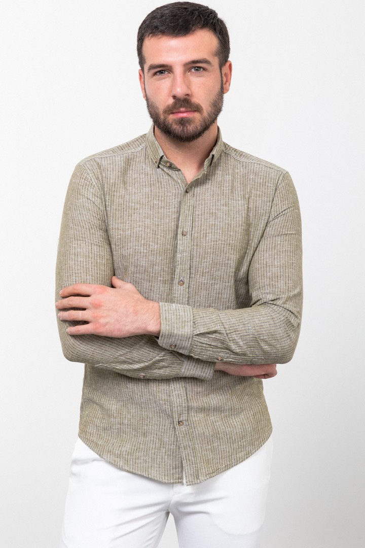 Khaki Color Cotton And Linen Fabric Striped Design Casual Men's Shirt