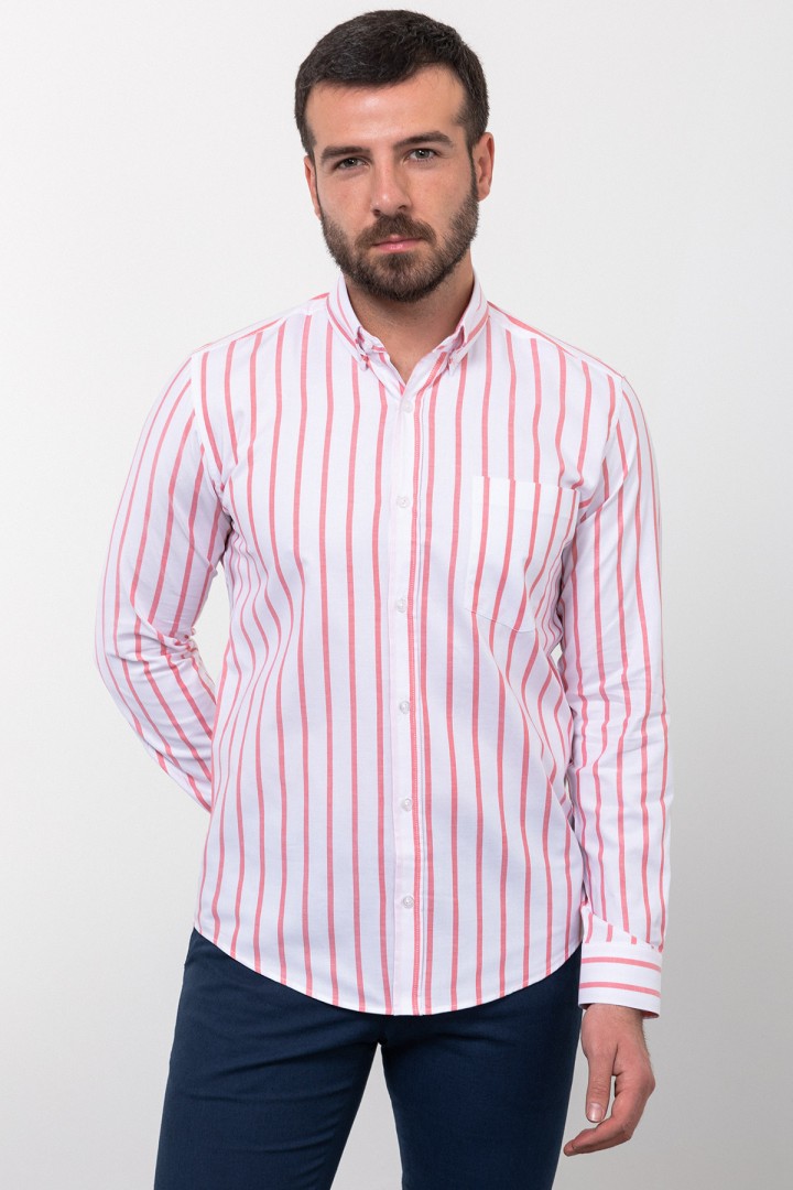 White And Salmon Color Cotton Fabric Striped Design Casual Men's Shirt