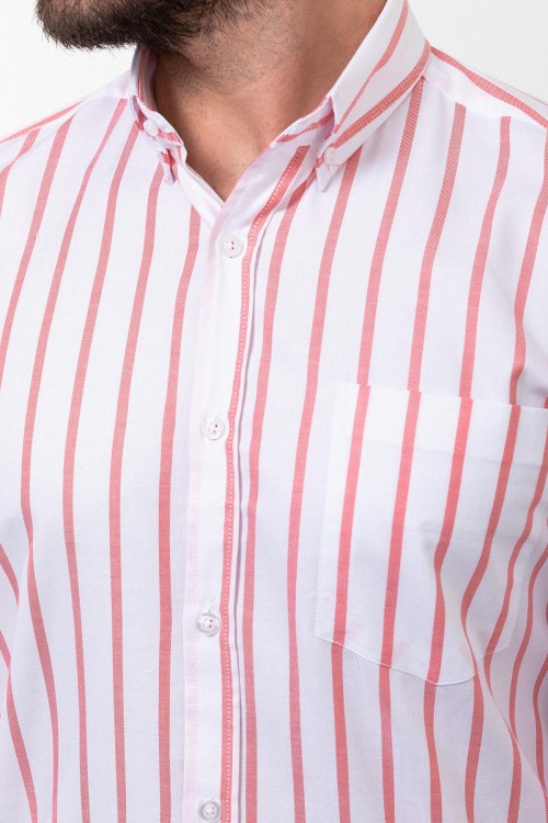 White And Salmon Color Cotton Fabric Striped Design Casual Men's Shirt