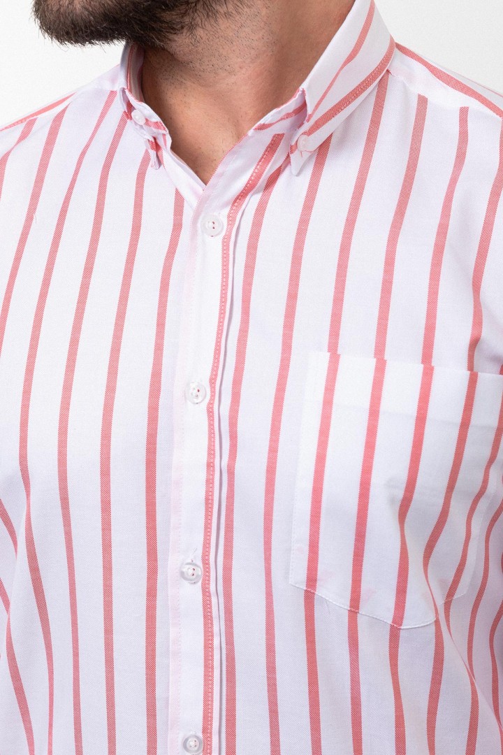 White And Salmon Color Cotton Fabric Striped Design Casual Men's Shirt