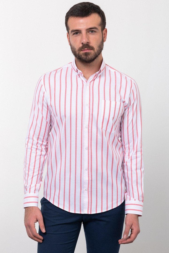 White And Salmon Color Cotton Fabric Striped Design Casual Men's Shirt