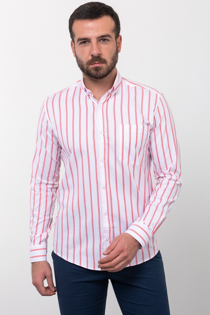 White And Salmon Color Cotton Fabric Striped Design Casual Men's Shirt